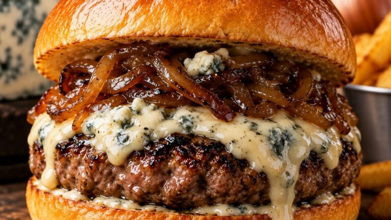 Burger gourmet au gorgonzola et oignons caramélisés – Kitchentruck Burger's Garden dans les Pouilles